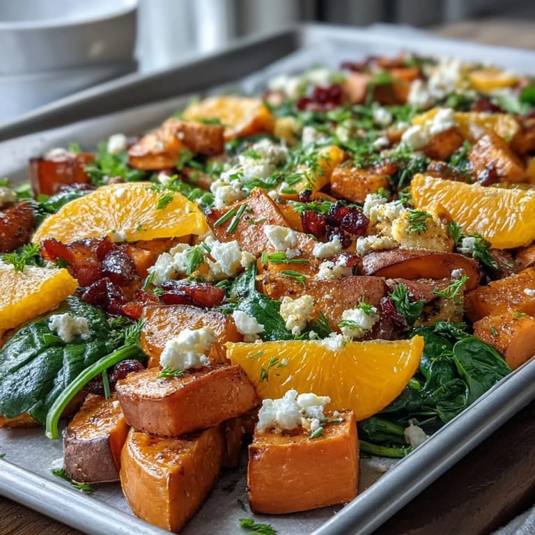 Easy vegetarian sheet pan breakfast featuring caramelized sweet potatoes, red bell pepper, and fresh orange chunks, topped with creamy feta and herbs.  