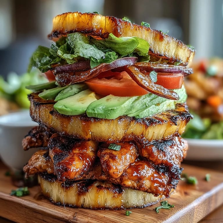 Flavorful grilled chicken and sweet pineapple rings stacked with fresh tomato, avocado, and lettuce, served with or without a bun for a lighter burger meal.