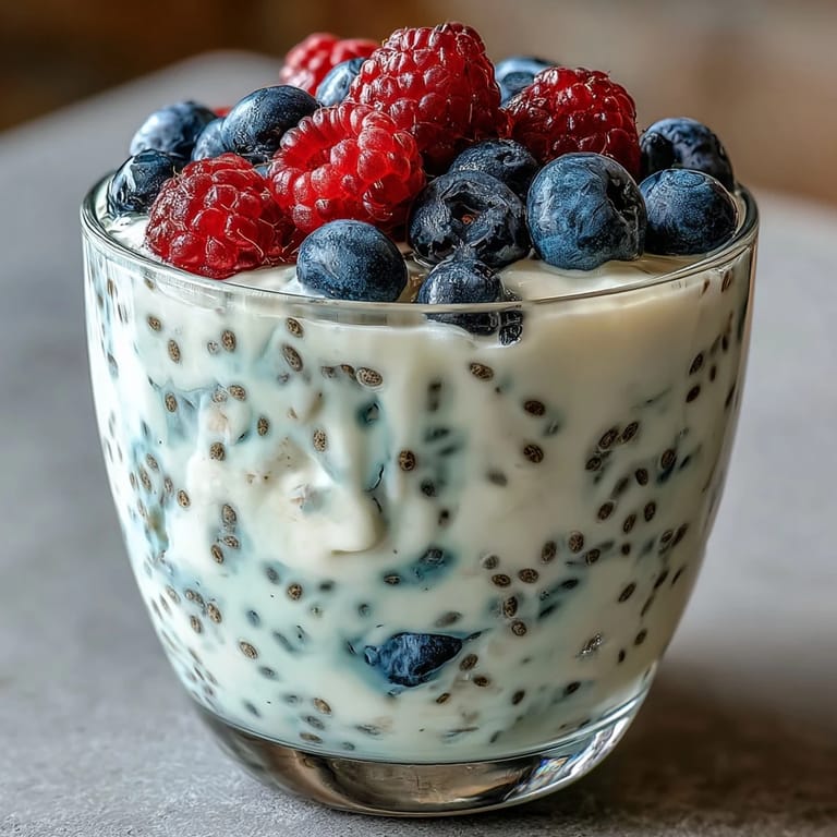 Creamy vanilla bean chia pudding made with Greek yogurt, garnished with granola and a mix of seasonal berries for a healthy treat.