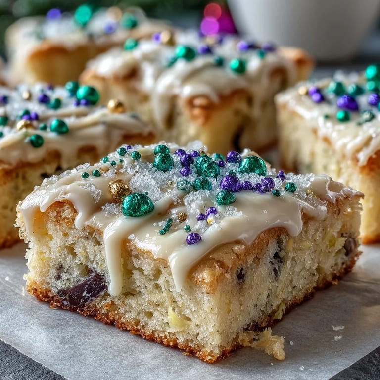 Easy King Cake sugar cookie bars featuring a buttery base with zesty lemon flavor and traditional Mardi Gras colors.