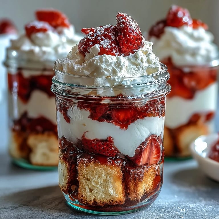 Mason Jar Strawberry Shortcake Trifle: Beautiful layers of juicy macerated strawberries, tender homemade shortcake, and sweet vanilla whipped cream, perfect for picnics or parties.