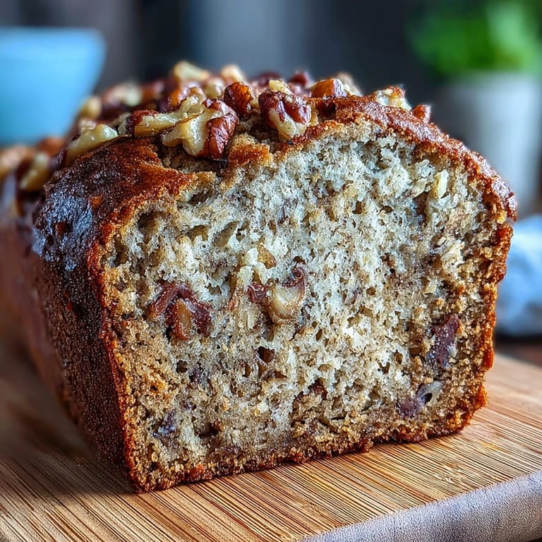 Wholesome banana bread made with Greek yogurt and whole wheat flour, sliced on a wooden board, perfect for a healthy breakfast.