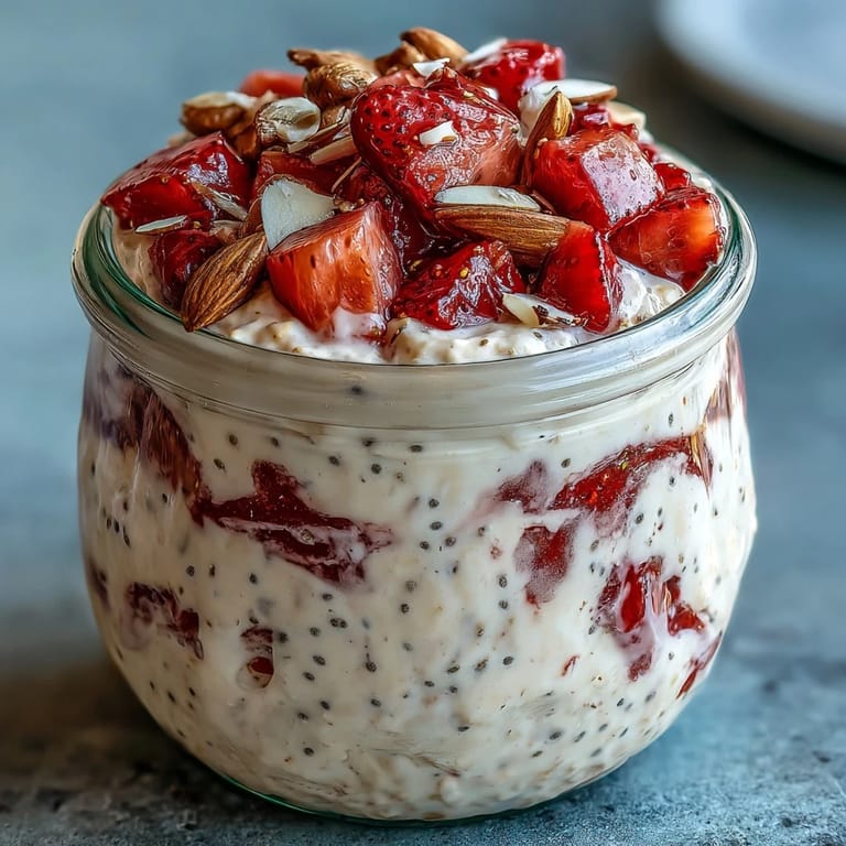 Protein-packed strawberry overnight oats layered with Greek yogurt and chia seeds for a nutritious start.