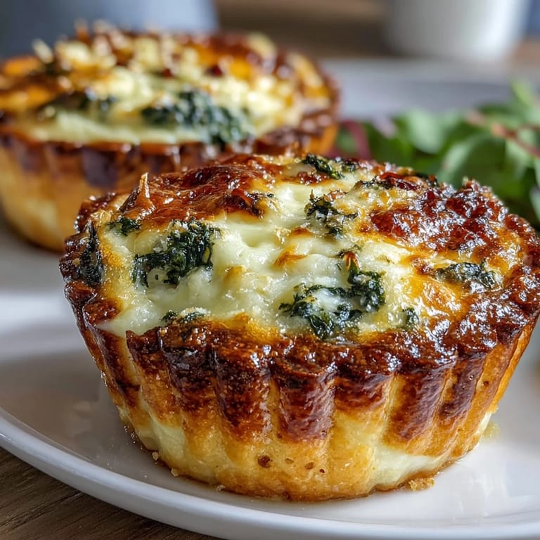 Elegant mini quiches baked in flaky pastry, topped with spinach and Parmesan, served warm for a sophisticated appetizer.  