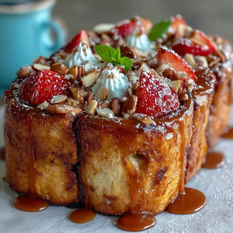 Make-ahead strawberry French toast bake with layers of brioche, fresh strawberries, and vanilla custard, perfect for Mother's Day brunch.
