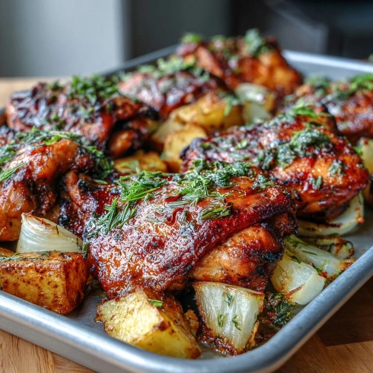 Hearty sheet pan meal of tender chicken and roasted vegetables, perfect for quick and healthy weeknight dinners.