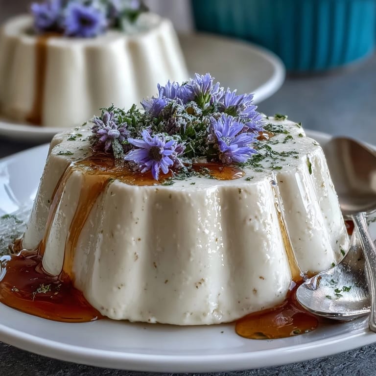 Elegant Italian panna cotta infused with lavender and sweetened with honey, served chilled.  