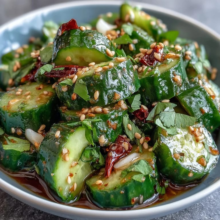 Crunchy smashed cucumber salad with vibrant garlic chili oil, scallions, and toasted sesame seeds.