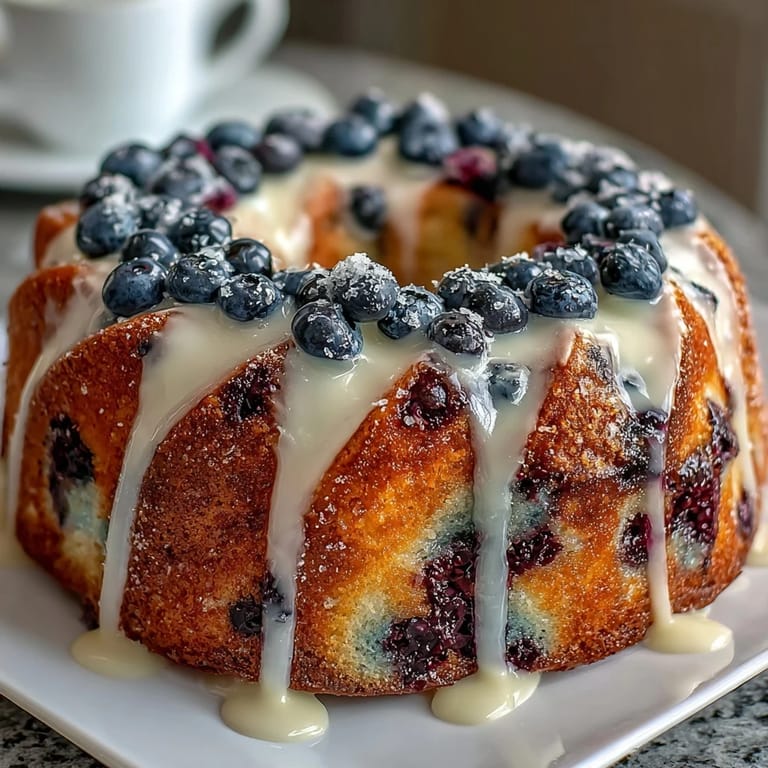 Elegant three-layer lemon blueberry cake adorned with cream cheese frosting, perfect for spring celebrations and birthday gatherings.