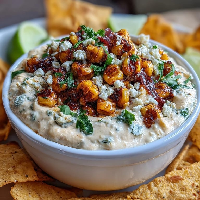 Spicy Elote Dip featuring smoky paprika, jalapeño, and cotija, paired with golden tortilla chips for Cinco de Mayo parties.