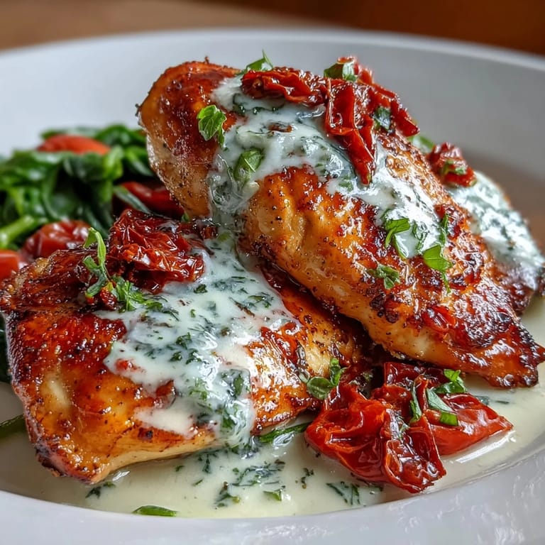 Golden-seared chicken breasts simmered in a velvety cream sauce with sun-dried tomatoes and Italian herbs.  