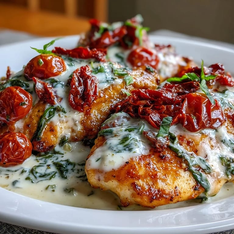 Comforting Tuscan-style chicken in a garlicky cream sauce, finished with Parmesan and vibrant spinach.