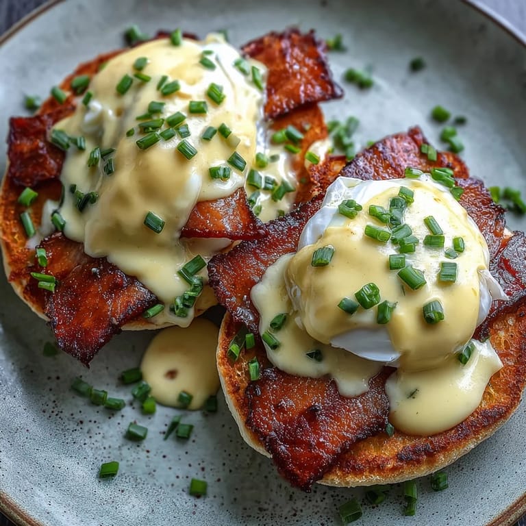 Golden poached eggs and Canadian bacon rest on buttery English muffins, drizzled with rich, lemon-infused hollandaise for an indulgent brunch classic.