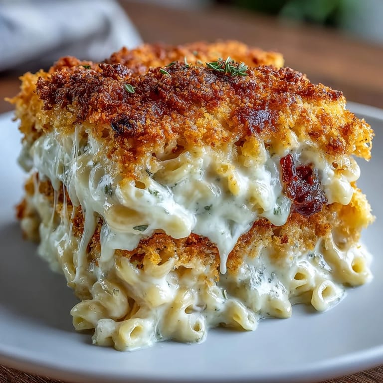 Warm and cheesy macaroni casserole, golden and bubbling from the oven, ideal for a satisfying Easter dinner side.