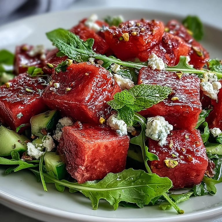 Refreshing Watermelon and Arugula Salad topped with creamy feta, crisp cucumber, and zesty citrus dressing—perfect for warm days.
