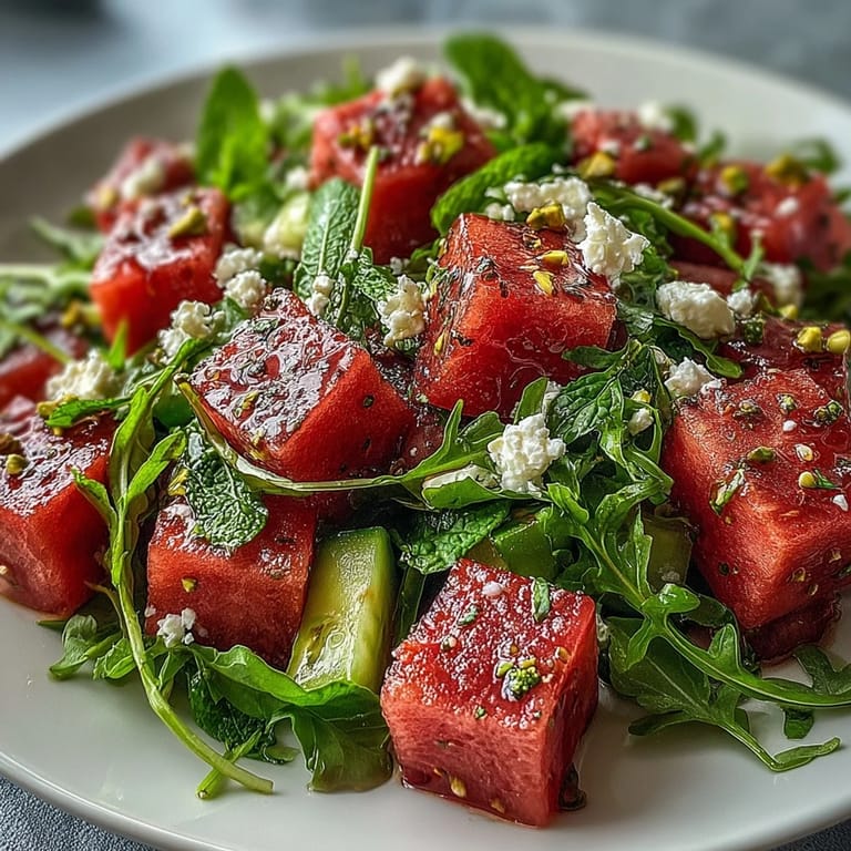Colorful Watermelon and Arugula Salad with peppery greens, sweet melon, and crunchy nuts—light, healthy, and irresistibly fresh.