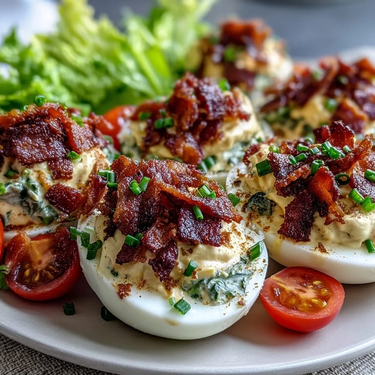 Deviled eggs get a BLT twist with tangy filling, crispy bacon crumbles, and fresh lettuce and tomato for a savory bite.