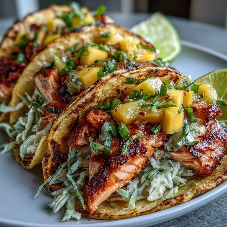 Fresh grilled salmon tacos topped with zesty mango salsa, served with crisp cabbage for a refreshing bite.