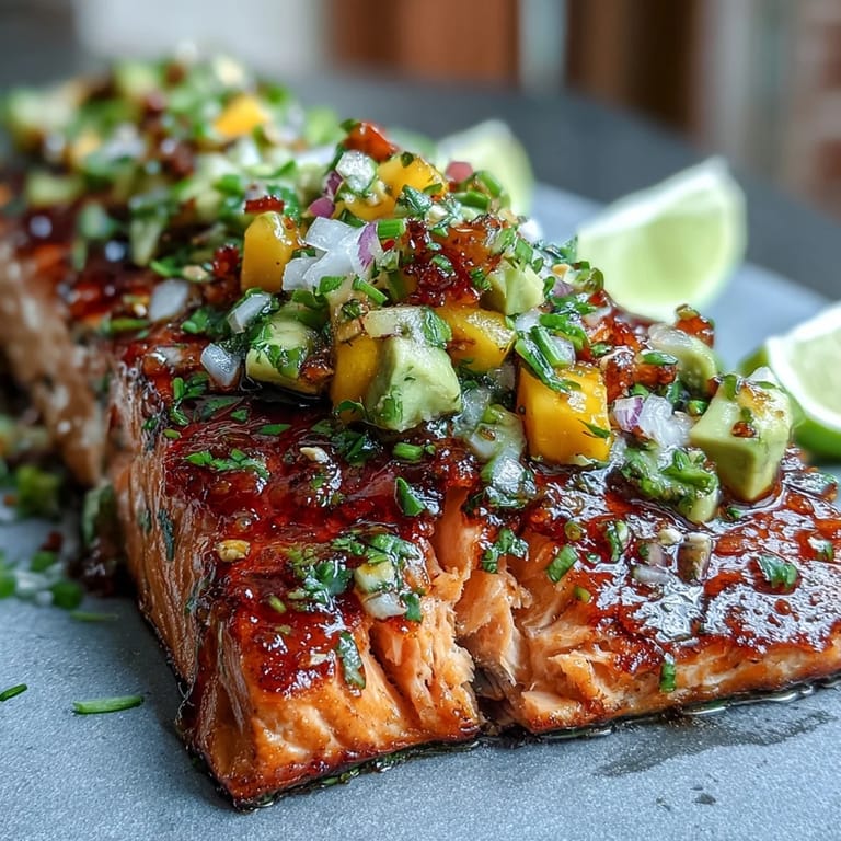 Oven-baked salmon fillet topped with vibrant mango avocado salsa and fresh cilantro garnish.  