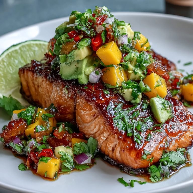 Golden baked salmon with zesty mango avocado salsa for a fresh, healthy summer dinner.