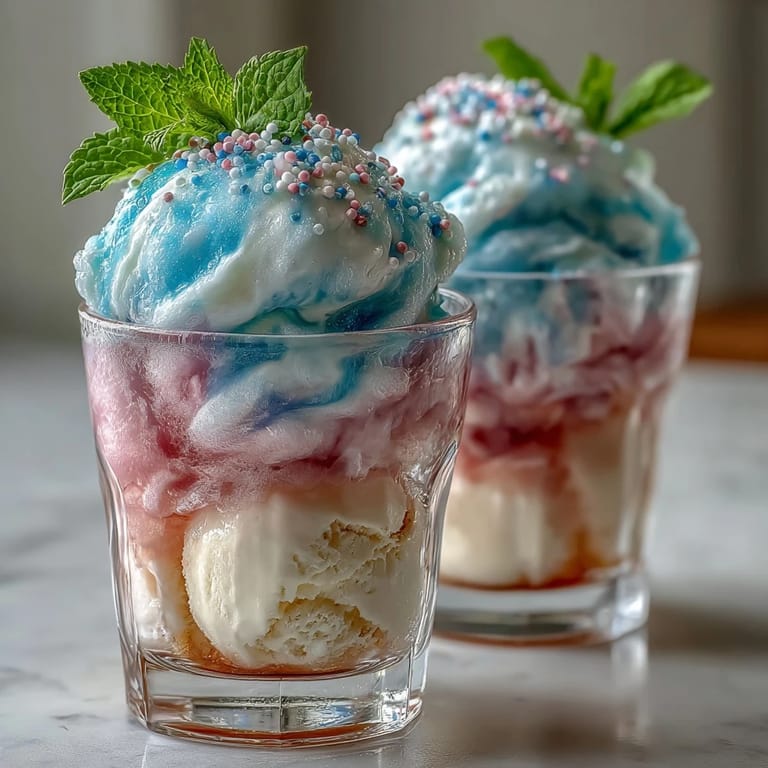 Whimsical Cotton Candy Lemonade Float featuring vibrant cotton candy dissolving into lemonade, topped with creamy vanilla ice cream.