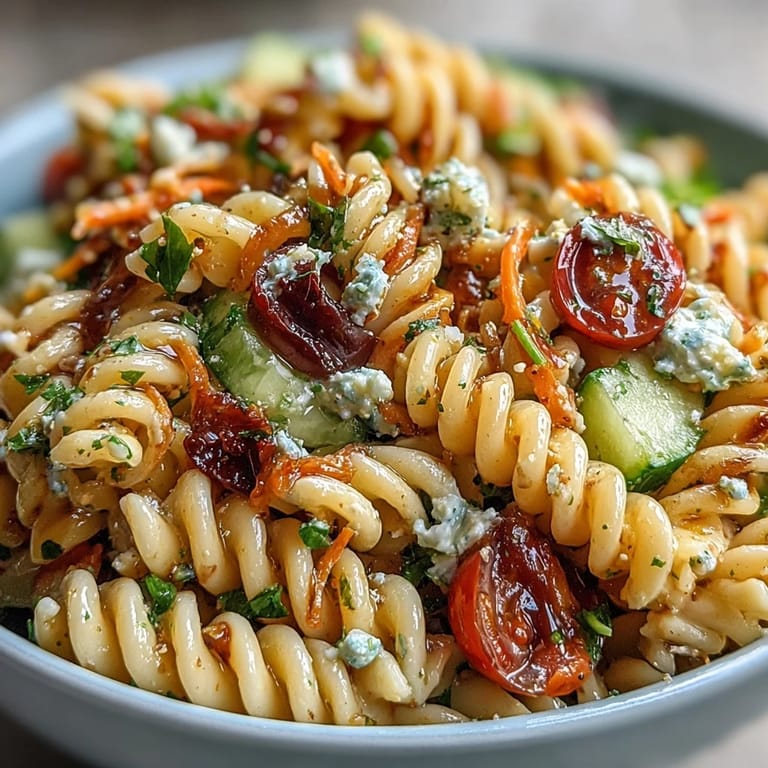 Creamy Memorial Day pasta salad tossed in zesty Italian dressing, featuring crisp cucumbers, juicy tomatoes, and shredded carrots.