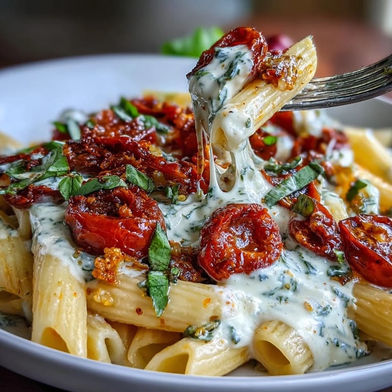Roasted feta and bursting cherry tomatoes create a luscious sauce for pasta, topped with fragrant basil leaves.