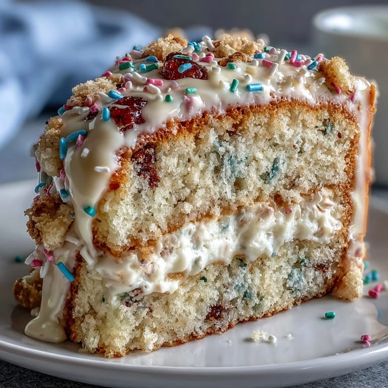 Fluffy funfetti cake layered with rich dip and colorful sprinkles, perfect for festive spring celebrations.