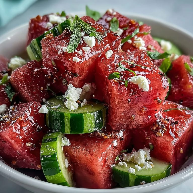 Colorful watermelon cucumber salad with Tajin and lime, featuring bright red fruit and green cucumber in a zesty, Mexican-inspired presentation.