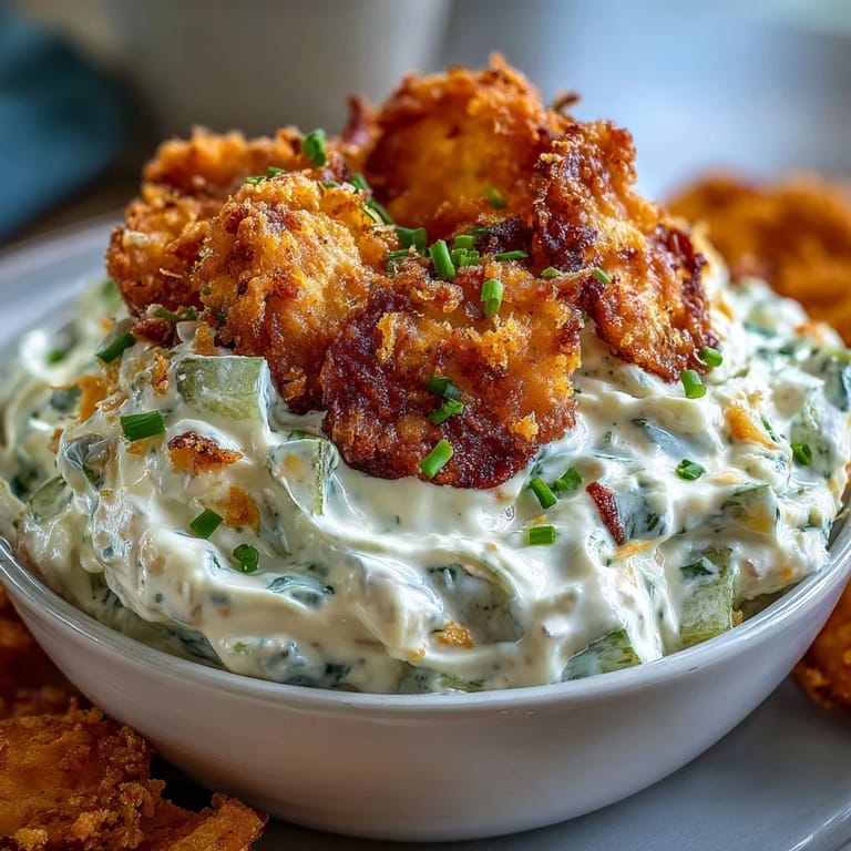 Golden fried pickle dip topped with savory, crispy pickle slices.