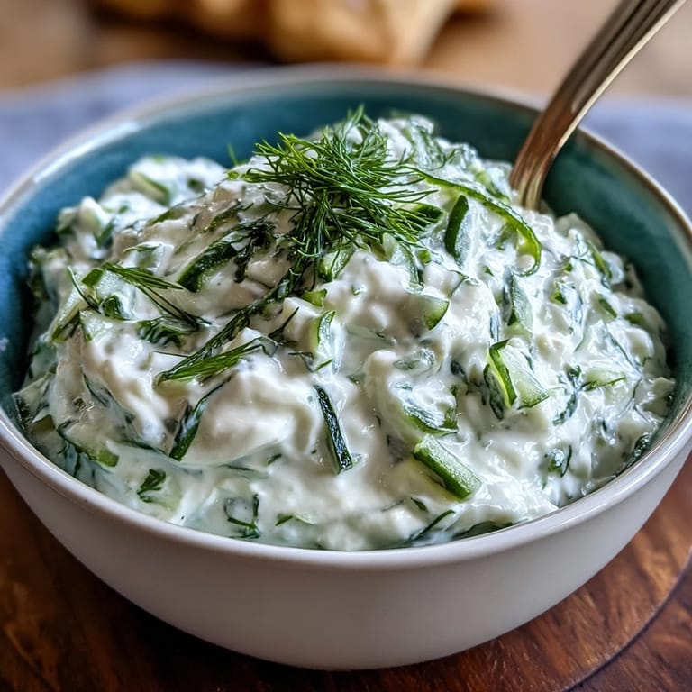 Vibrant Skyr Tzatziki Dip served with crisp vegetables, showcasing dill and lemon.