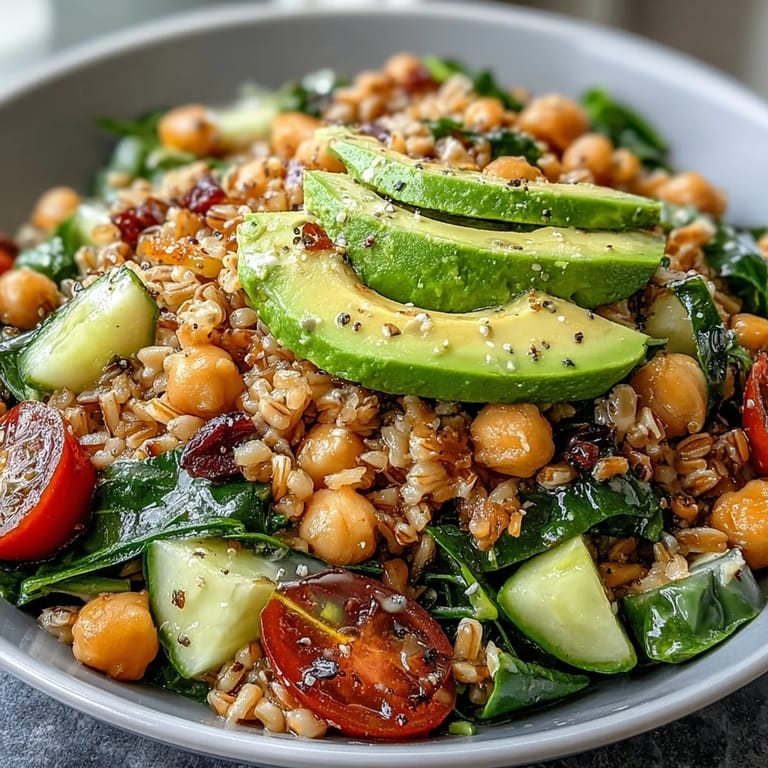 Hearty Ancient Grains Bowl, showcasing tender chickpeas and creamy avocado topping.