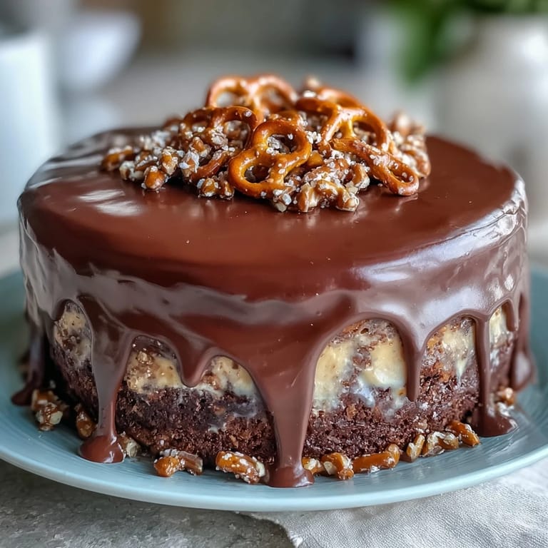 Slice of Father's Day Chocolate Peanut Butter Pretzel Cake ready for delicious celebration.