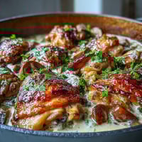Golden-brown chicken pieces and quartered mushrooms braised in a creamy Coq au Vin Rosé sauce, garnished with fresh parsley.