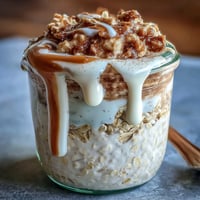 Thick and creamy overnight oats layered with cinnamon, topped with a luscious cream cheese drizzle.