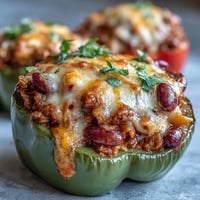 Bright orange bell pepper cups filled with cheesy, bubbling Baked Chili Mac Stuffed Peppers, garnished with fresh parsley on a rustic plate.
