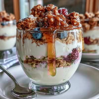 Creamy Greek yogurt parfait layered with crunchy granola and drizzled with rich salted honey, garnished with fresh berries.  
