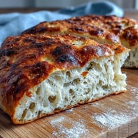 Sourdough pizza dough with golden, bubbly crust and rustic char marks on a wooden peel.