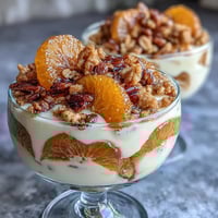Vibrant candied orange yogurt parfait layered with crunchy granola and fresh mint for a refreshing breakfast or dessert.  