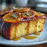 A moist gluten-free olive oil cake with almond flour and candied orange slices arranged artfully on top.