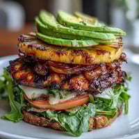 Juicy grilled chicken breast layered with caramelized pineapple rings and crisp lettuce, topped with fresh avocado and vibrant vegetables.  