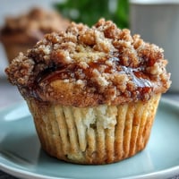 Sourdough Discard Banana Muffins with Cinnamon Streusel: golden muffins topped with a buttery cinnamon crumb topping and swirled with ripe banana flavor.  