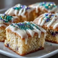 Vibrant King Cake sugar cookie bars with purple green and gold sprinkles perfect for Mardi Gras parties.  