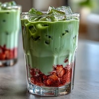 Vibrant iced strawberry matcha latte with creamy milk, fresh strawberry puree, and earthy matcha layers, perfect for a refreshing summer treat.