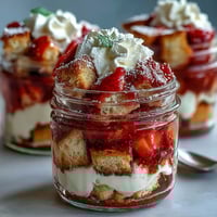 Strawberry Shortcake Trifle in Mason Jars: Layered dessert with fresh strawberries, fluffy shortcake cubes, and whipped cream, served in clear mason jars for a rustic, charming presentation.