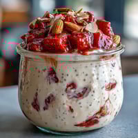 Creamy overnight oats with fresh strawberries and vanilla protein, perfect for a healthy breakfast.
