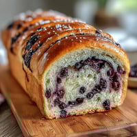 Vibrant lemon blueberry sourdough swirl bread loaf with golden crust and purple-blueberry swirls throughout the tender crumb.
