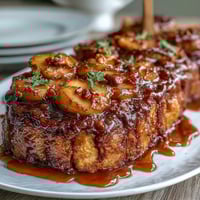 Caramel candy apple slices with crushed peanuts on a wooden tray, perfect for autumn parties.