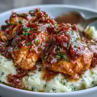 Slow Cooker Mississippi Chicken with Garlic Mashed Potatoes: tender shredded chicken slow-cooked with ranch, au jus, and pepperoncini, served over creamy garlic mashed potatoes.