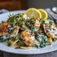 Creamy lemon orzo with tender chicken and fresh spinach in a one-pot Mediterranean dinner.  